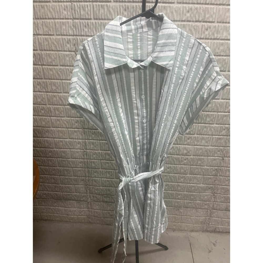 Cupshe Sage Green‎ White Striped Button Front Romper CAA13E3E23PC L NEW